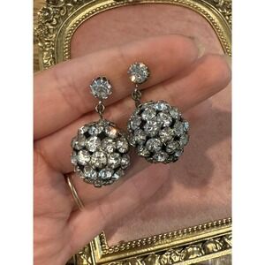 Vintage‎ Signed Rhinestone Crystal Ball Clip On Earrings Silver Tone